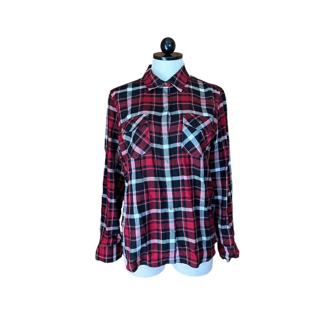 UNTUCKit For her Knit Plaid Button Up‎ Shirt Womens Black & Red Western 8